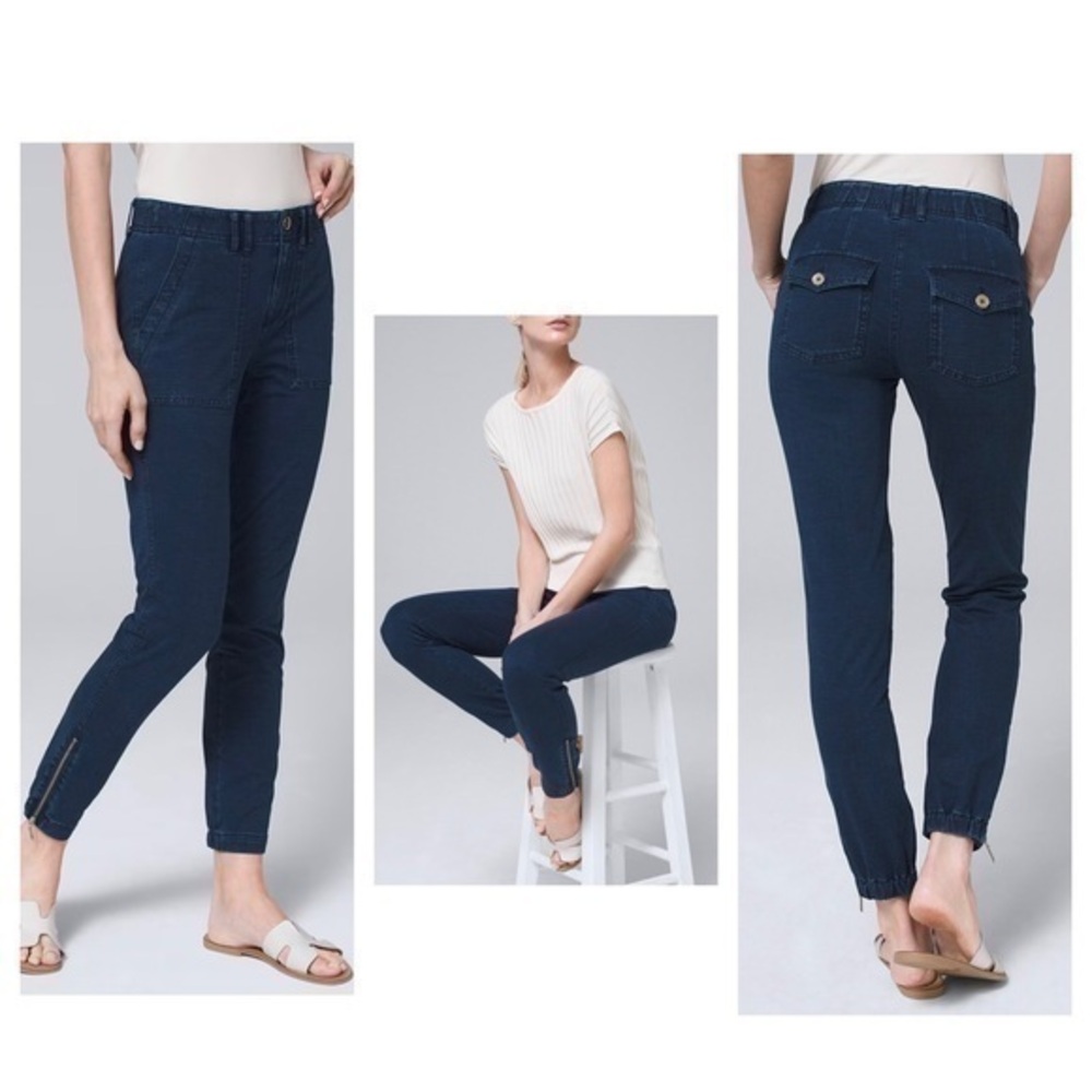 White House Black Market Dark Wash Mid-Rise Knit Denim Utility Pants 6